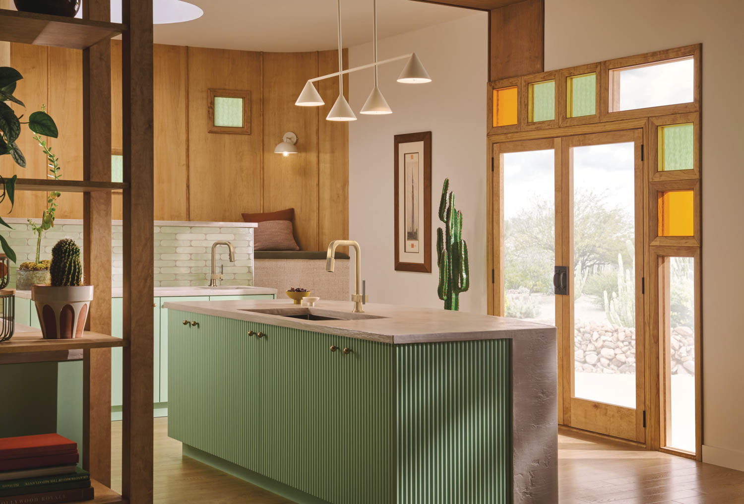 kitchen with pale green counter island