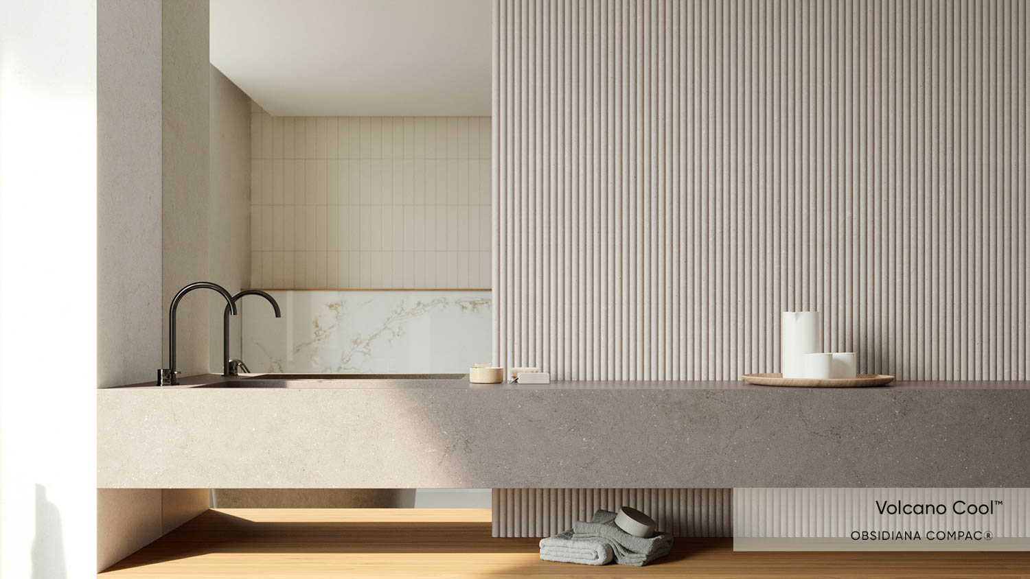 kitchen with long neutral counter, sinks and slatted walls