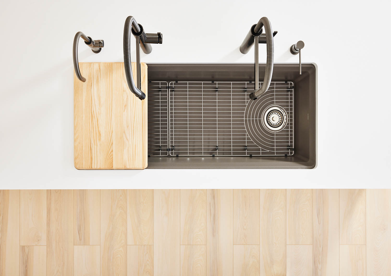 aerial view of sink with a wooden cover