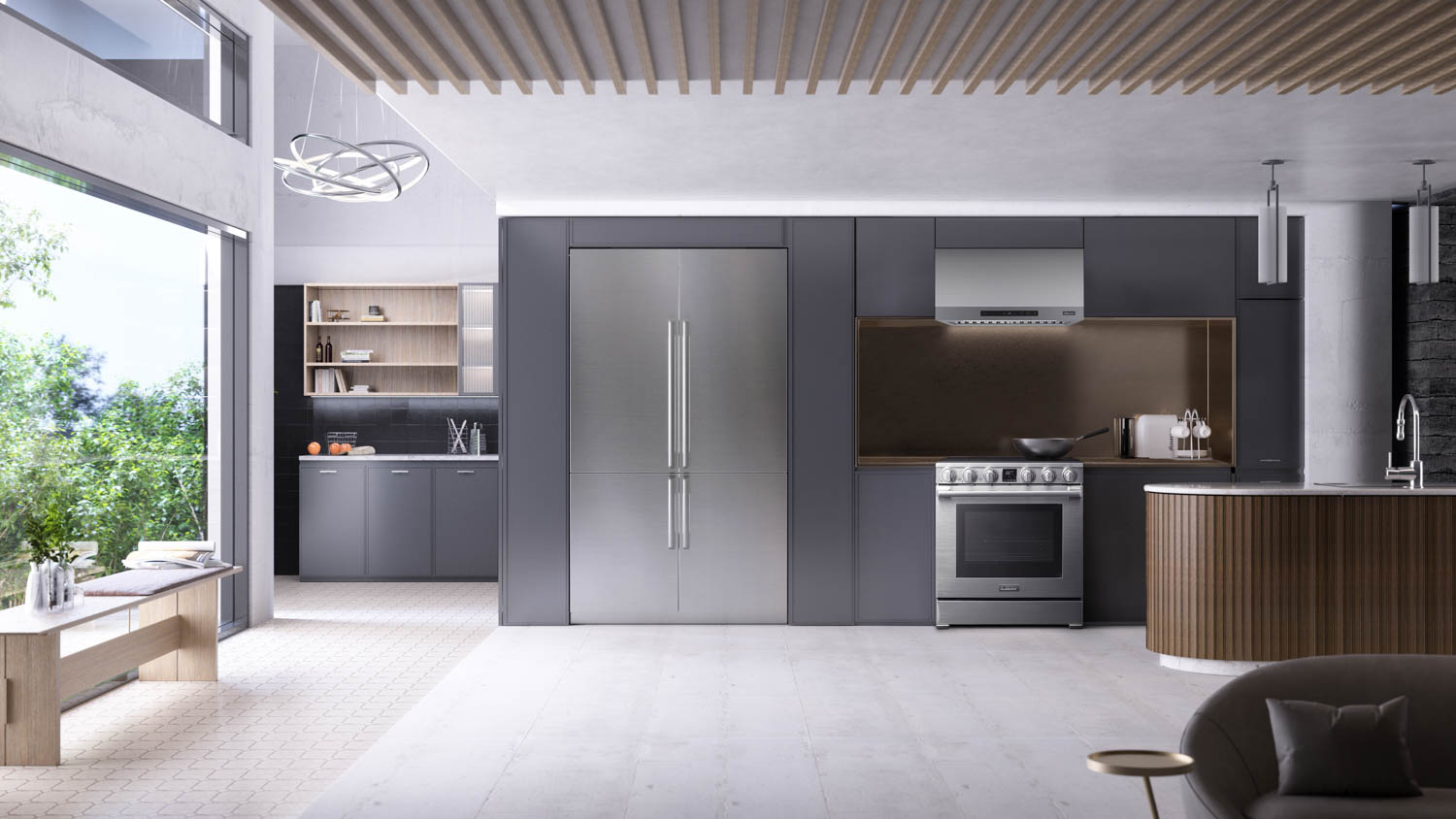 kitchen with black cabinets and sleek fridge