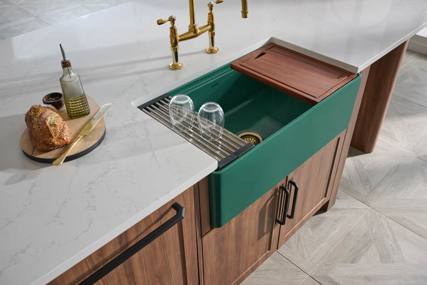 view of sink with wooden cabinets, white marble countertops and bread on top