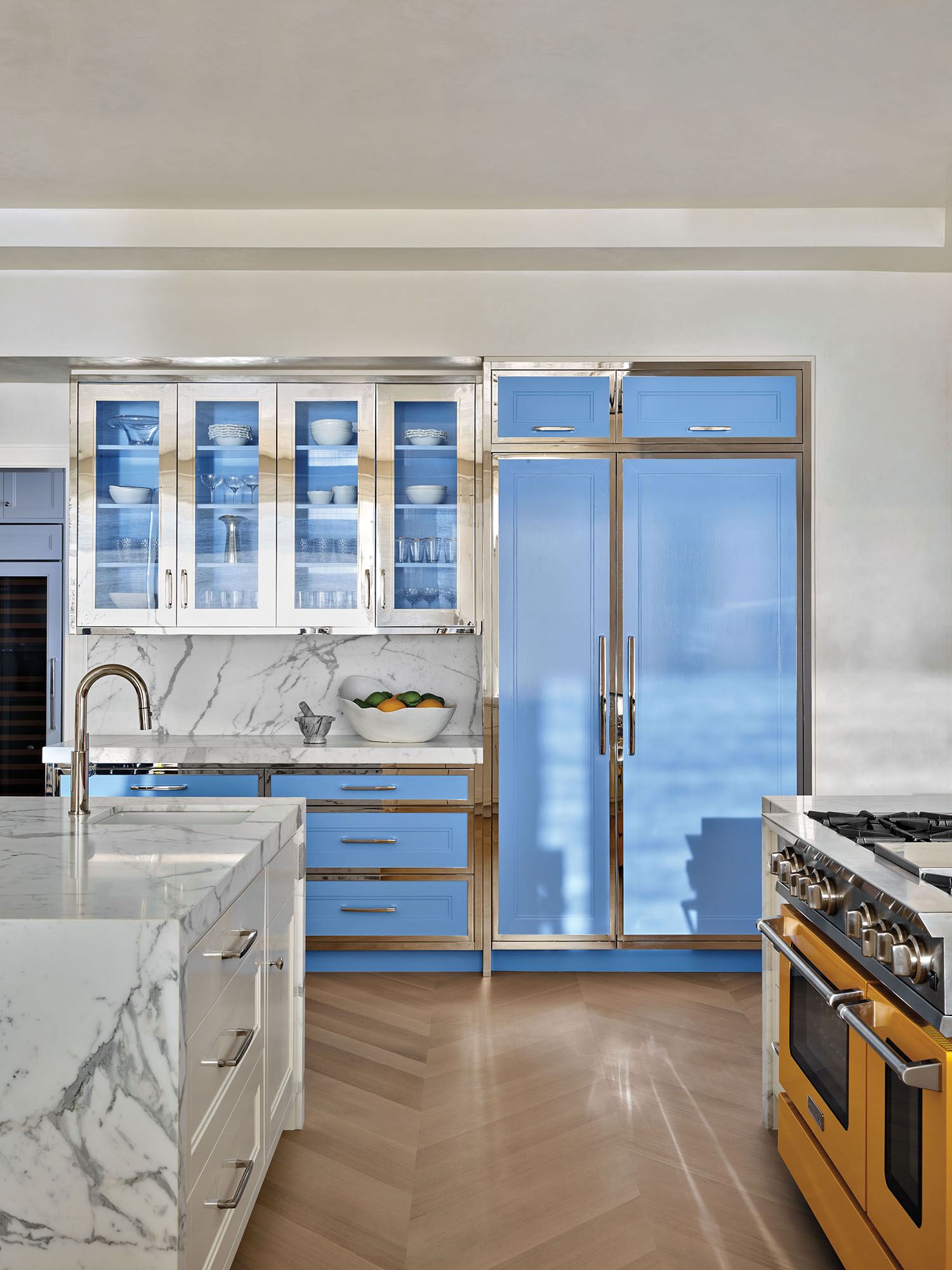 powder blue refrigerator in modern kitchen