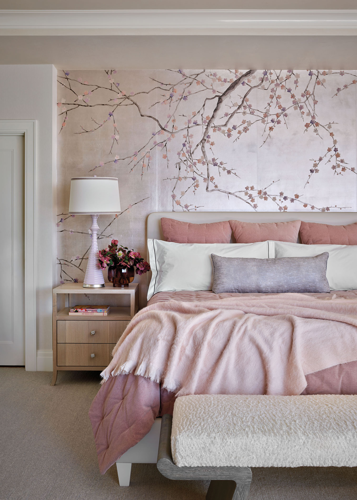dusty pink bedroom with floral wallpaper