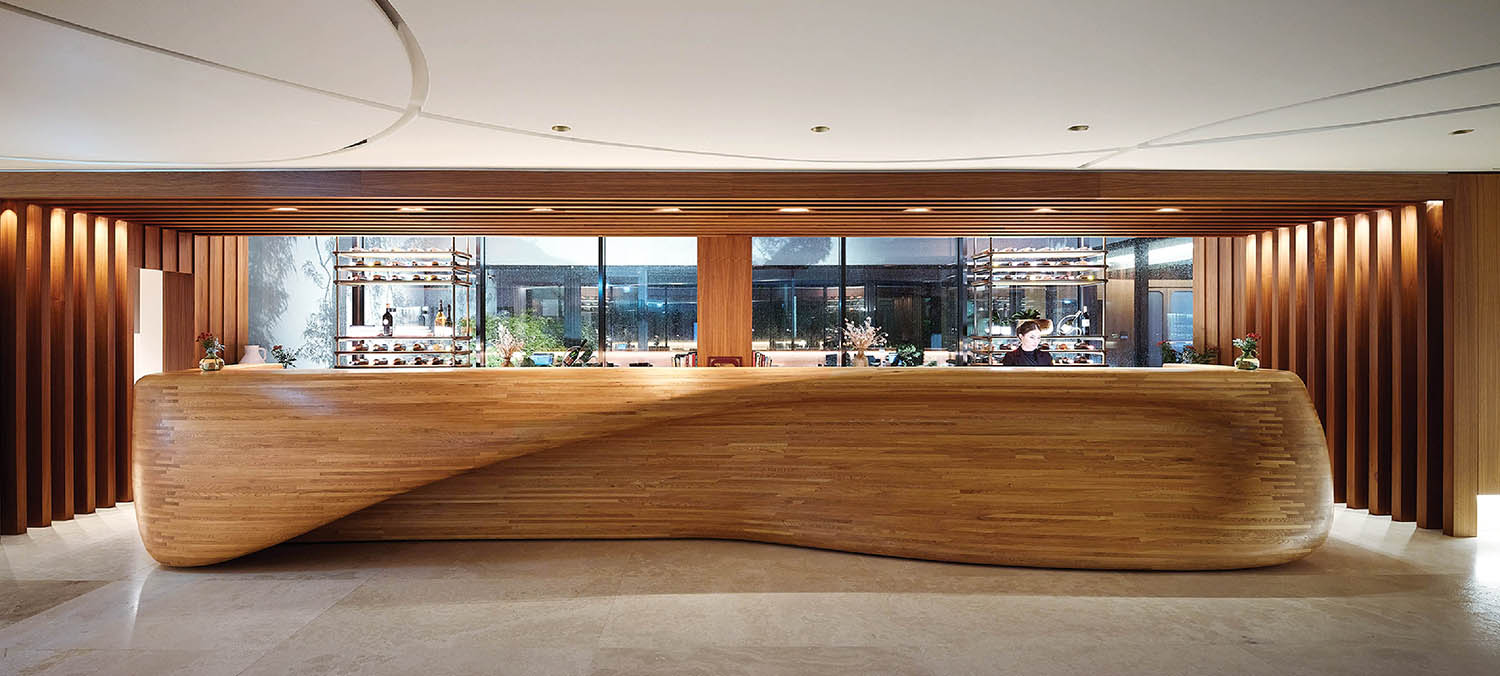 A wooden reception table